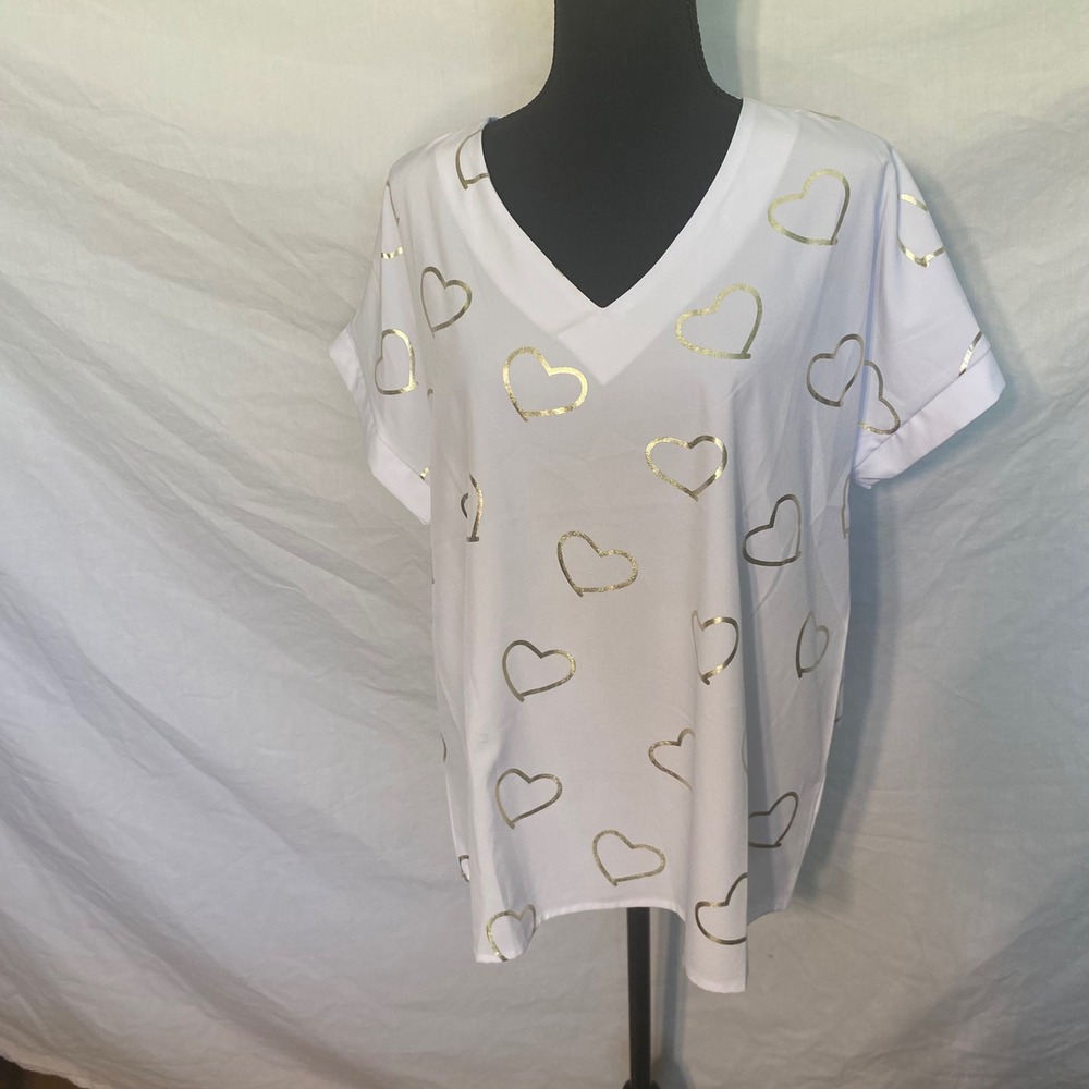 Noracora Womens White Gold Metallic HeartPrint V-Neck Short Sleeve Blouse Size L